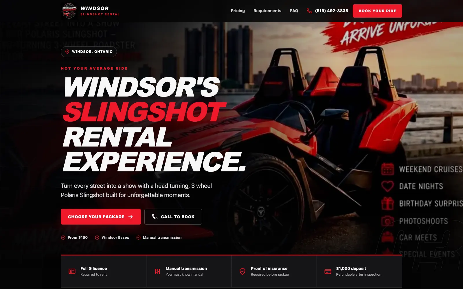 Windsor Slingshot Rental booking website homepage
